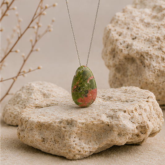 Pendentif en unakite avec chaîne en acier inoxydable, présentation du produit