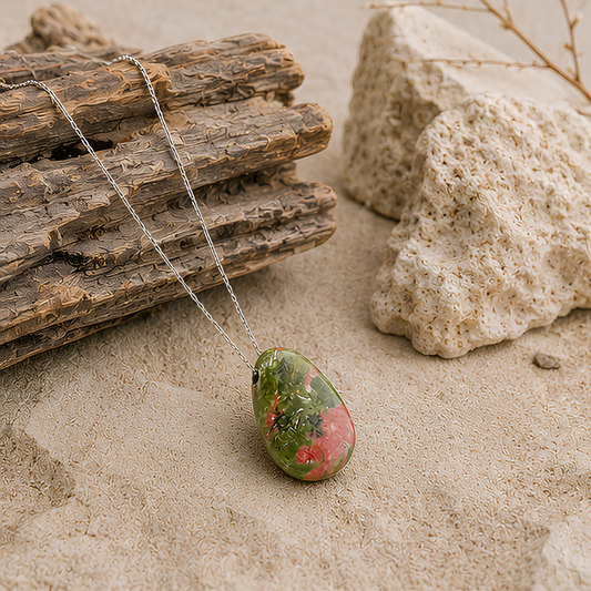 Pendentif pierre percée en unakite naturelle avec chaîne en acier inoxydable