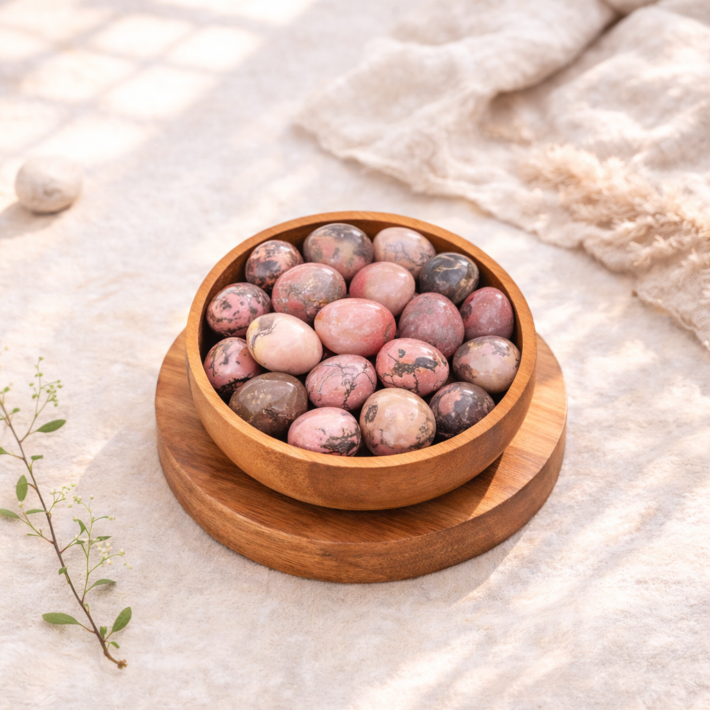 Pierre roulée de rhodonite, 25g, entre 2 et 3 cm, qualité A+, pierre d'équilibre émotionnel et de stabilité intérieure.