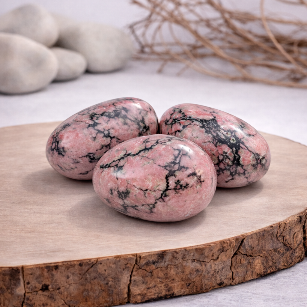 Pierre roulée de rhodonite, 25g, entre 2 et 3 cm, qualité A+, pierre d'équilibre émotionnel et de stabilité intérieure.