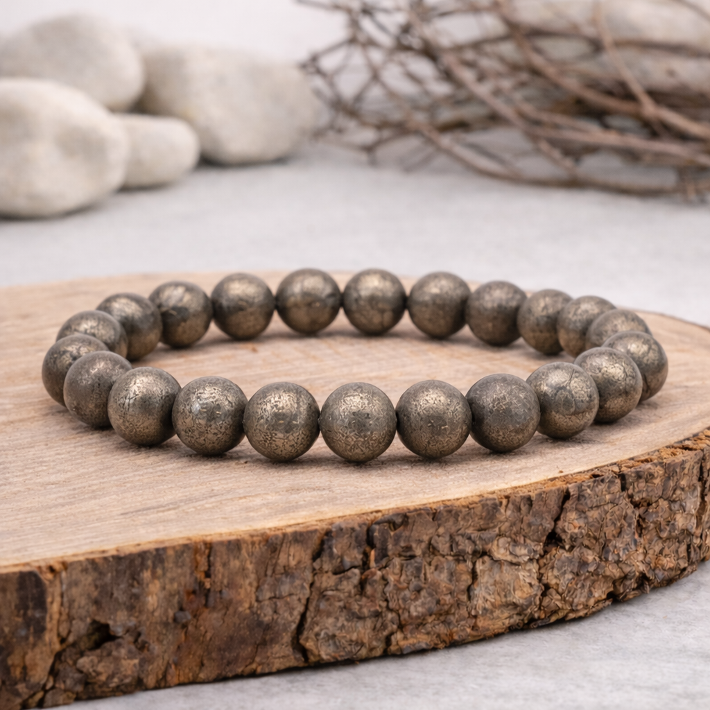 Bracelet perle en Pyrite, qualité A, pierre de protection et de prospérité.