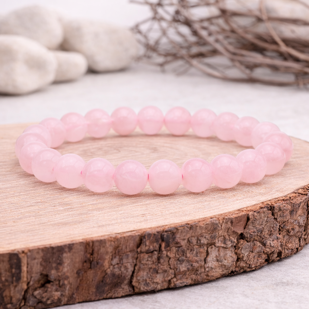 Bracelet perle en Quartz rose, qualité A, pierre de l'amour et de la douceur.