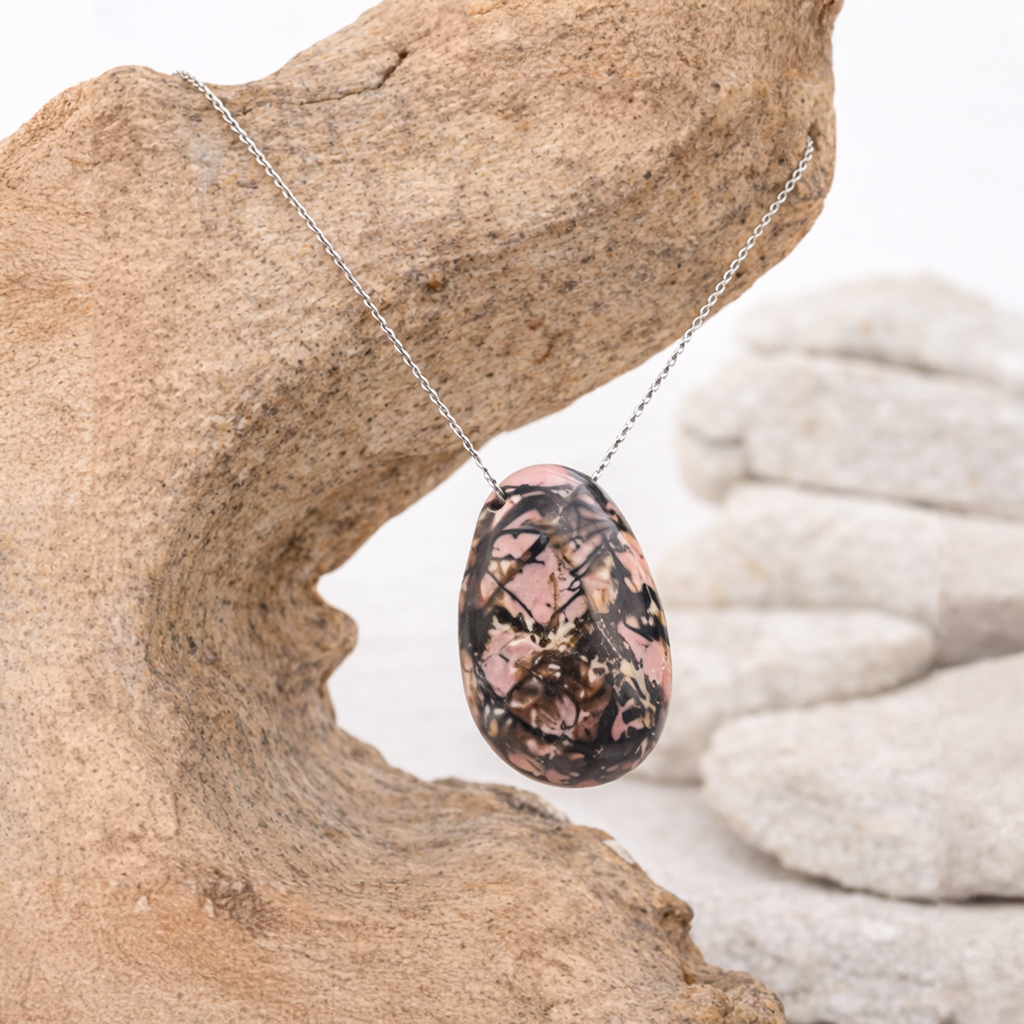 Pendentif pierre percée en Rhodonite, qualité A, pierre d'équilibre émotionnel et de pardon.