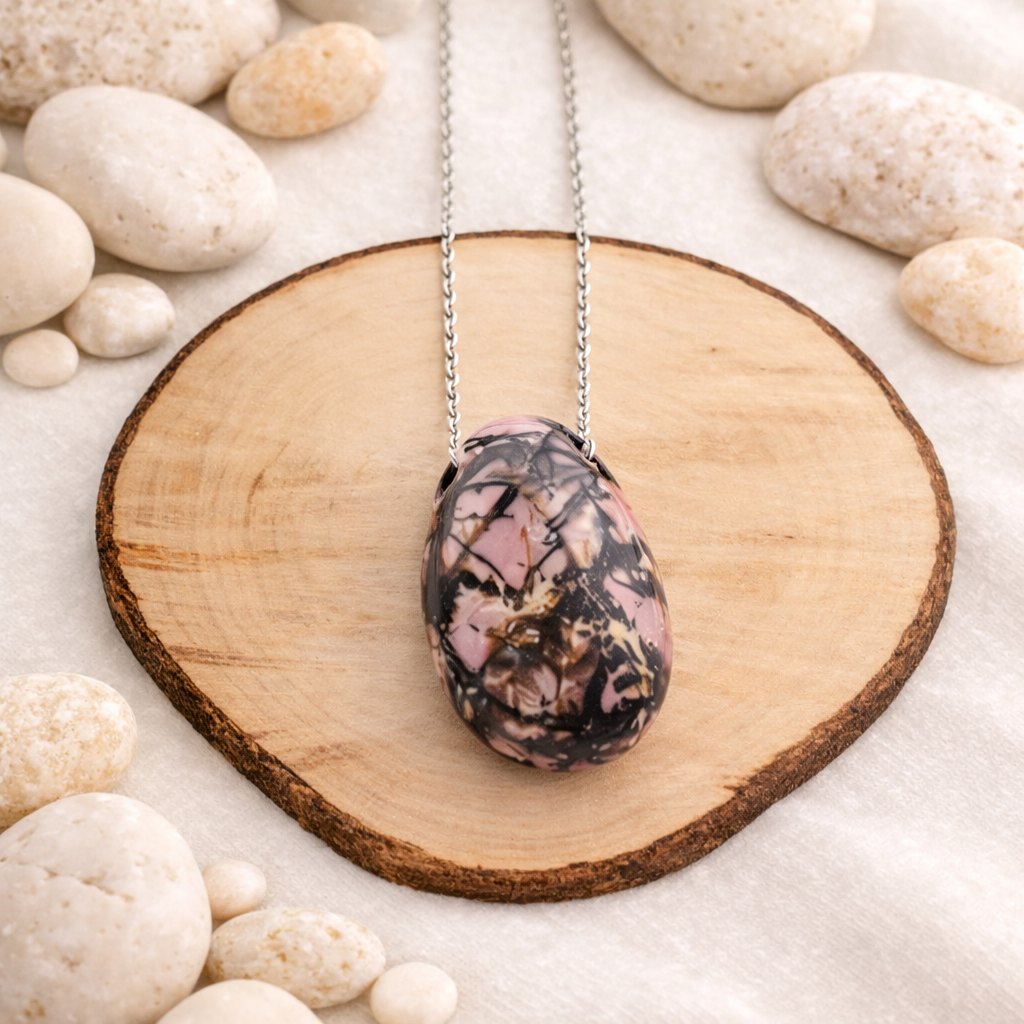 Pendentif pierre percée en Rhodonite, qualité A, pierre d'équilibre émotionnel et de pardon.