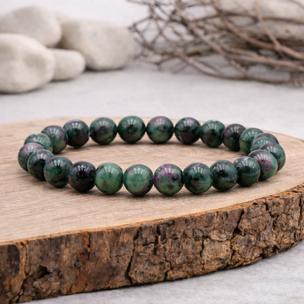 Bracelet perle en Rubis Zoïsite, qualité AA, pierre de vitalité et d'harmonie du cœur.