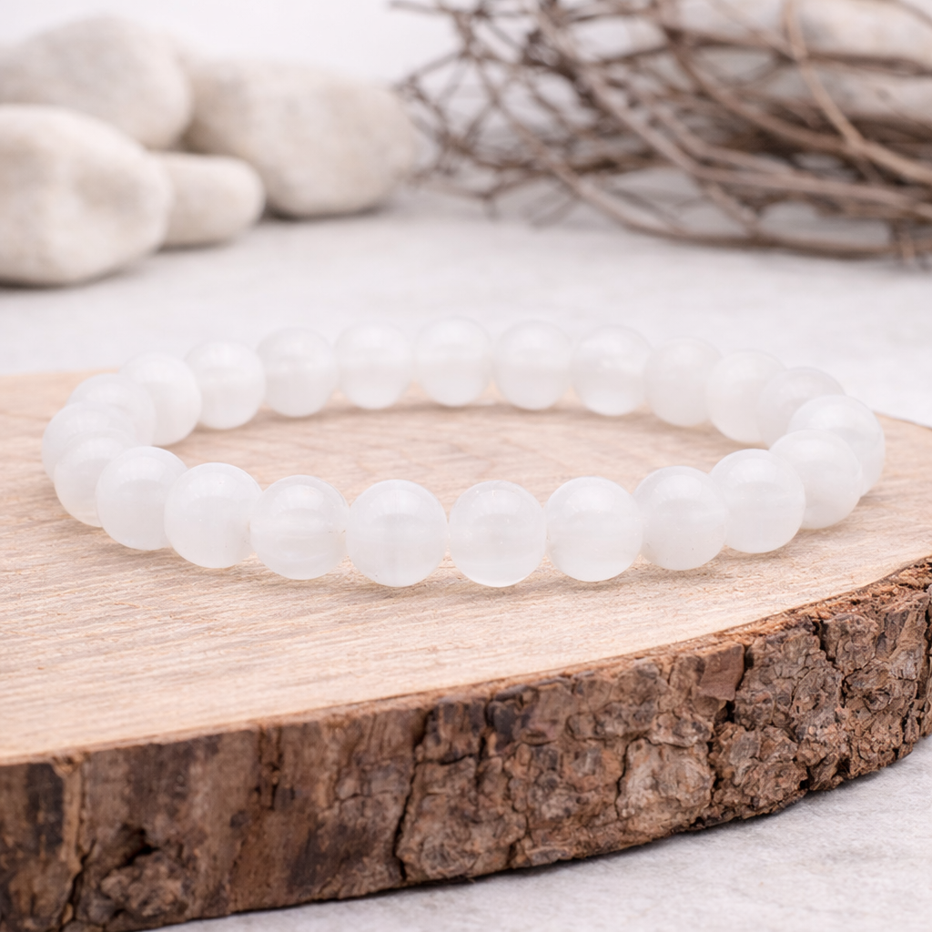 Bracelet perle en Sélénite, qualité AA, pierre de la purification et de l'élévation spirituelle.