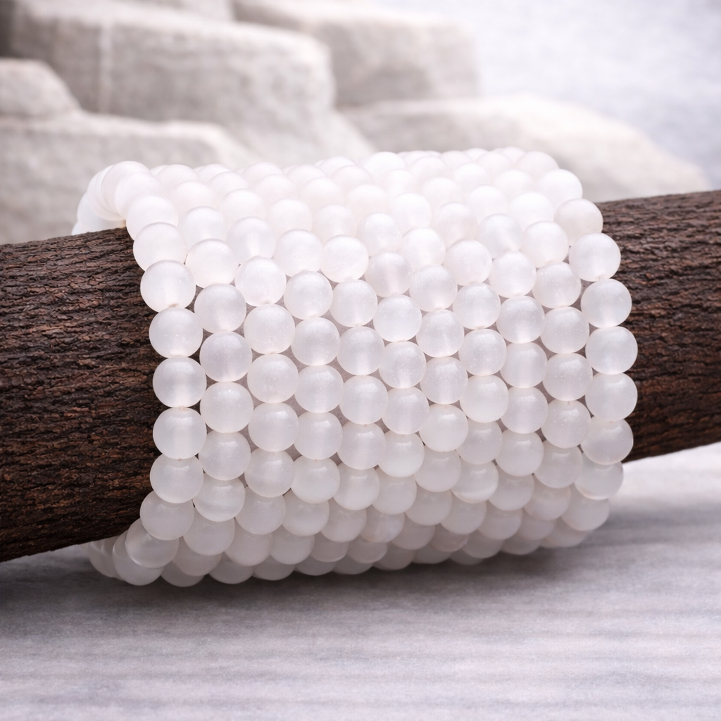 Bracelet perle en Sélénite, qualité AA, pierre de la purification et de l'élévation spirituelle.