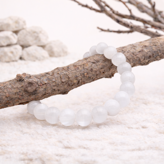 Bracelet perle en Sélénite, qualité AA, pierre de la purification et de l'élévation spirituelle.